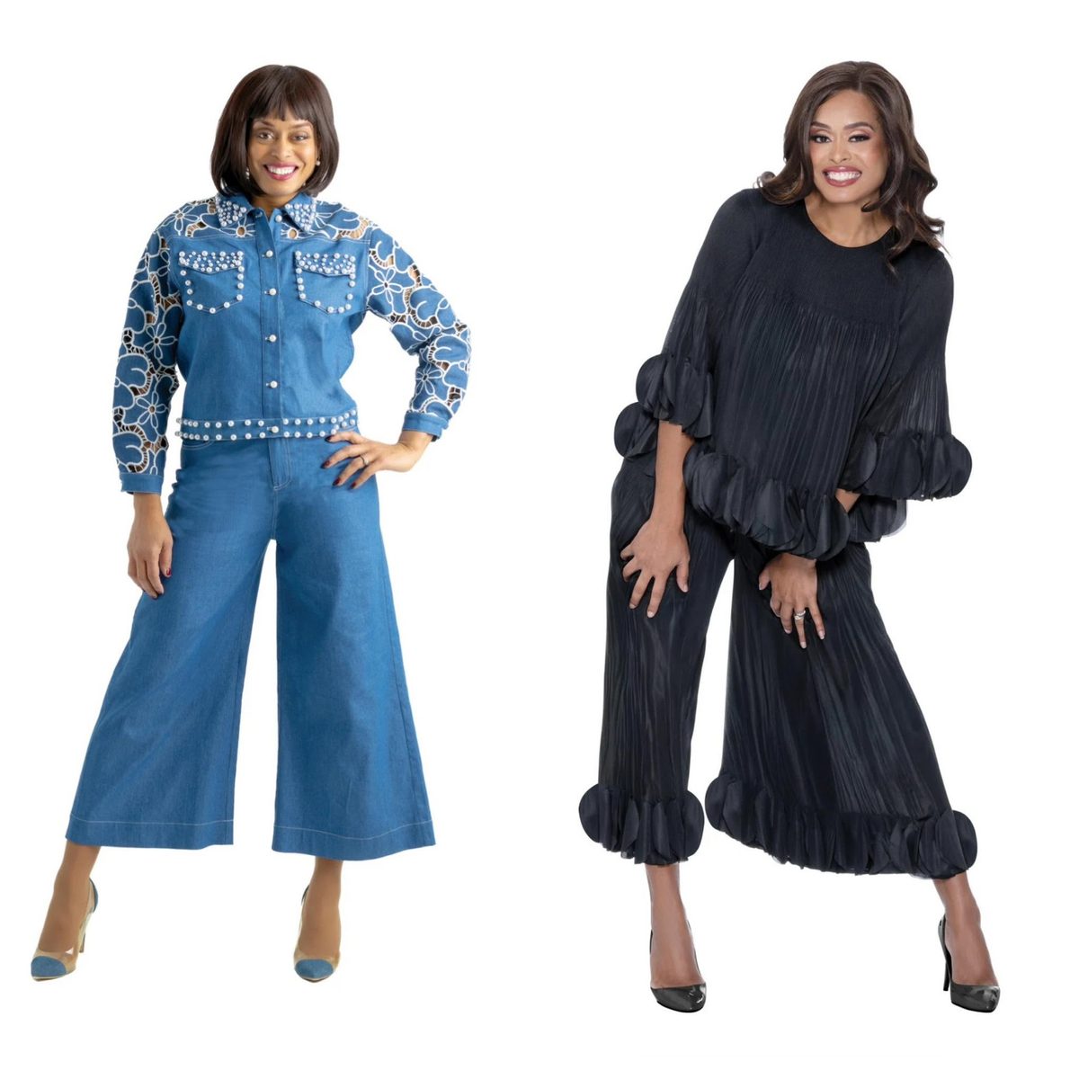 Denim pearl-trimmed set and black pleated set
