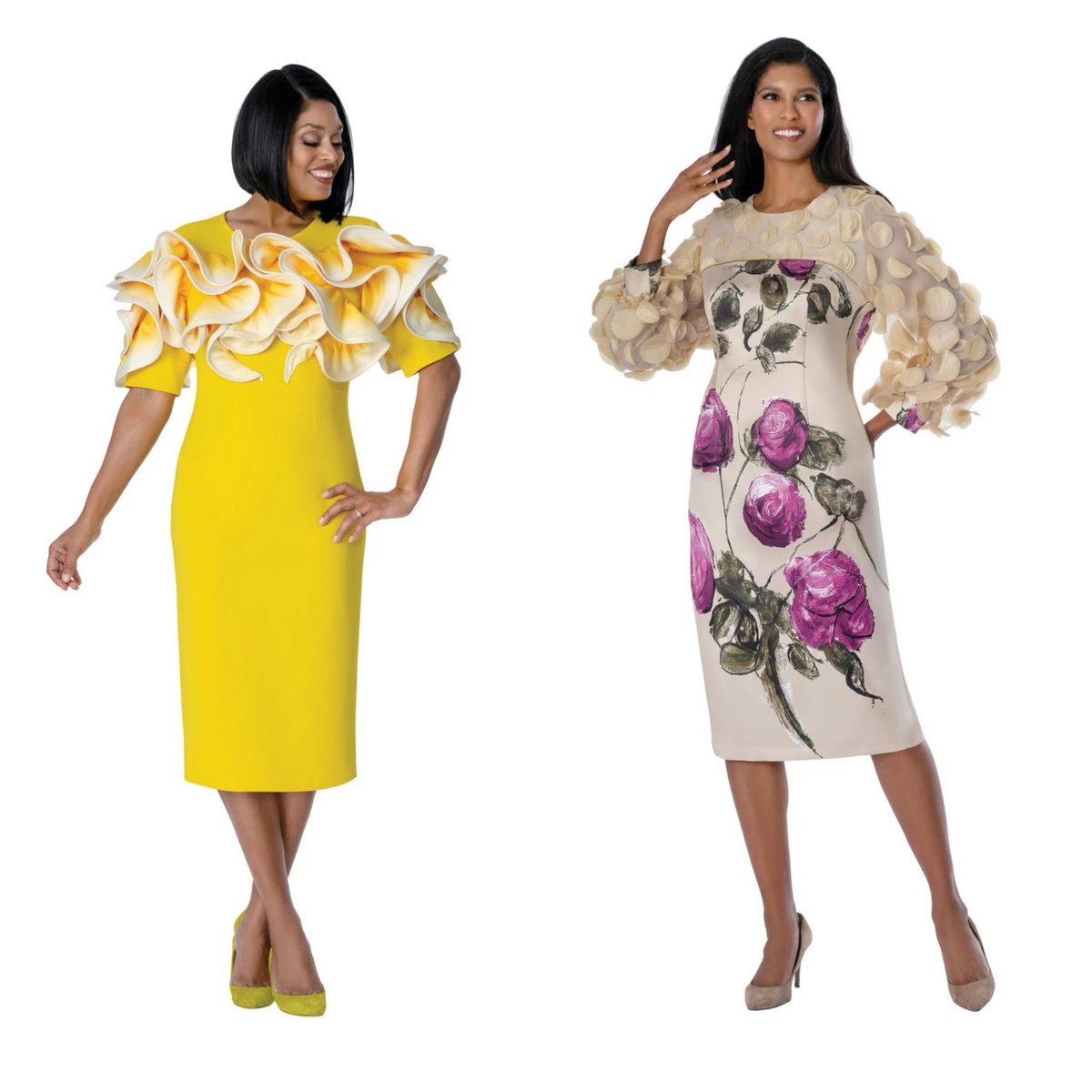 Yellow ruffle dress and rose-print dress