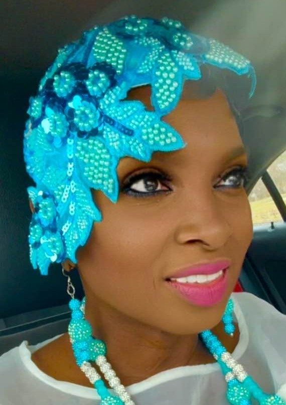 Turquoise beaded floral headpiece with matching jewelry