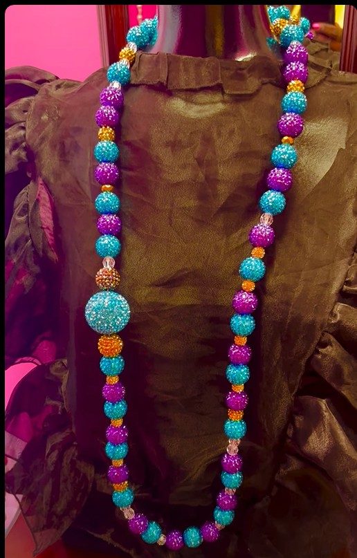 Turquoise, magenta and gold beaded statement necklace
